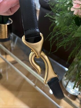 Chico's Black Genuine Leather Belt with Sculpted Gold Hook